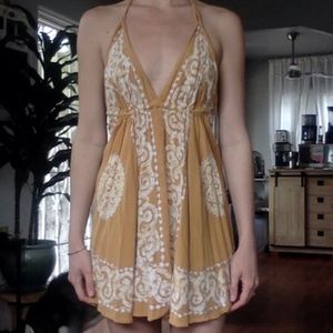 Yellow White Boho Embroidered Backless Dress